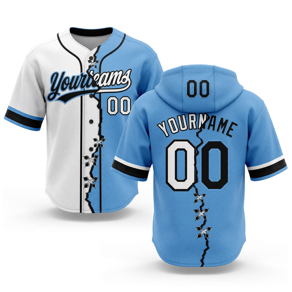 Custom Light Blue White-Black Split Ripped Pattern Baseball Pullover Sweatshirt Hoodie