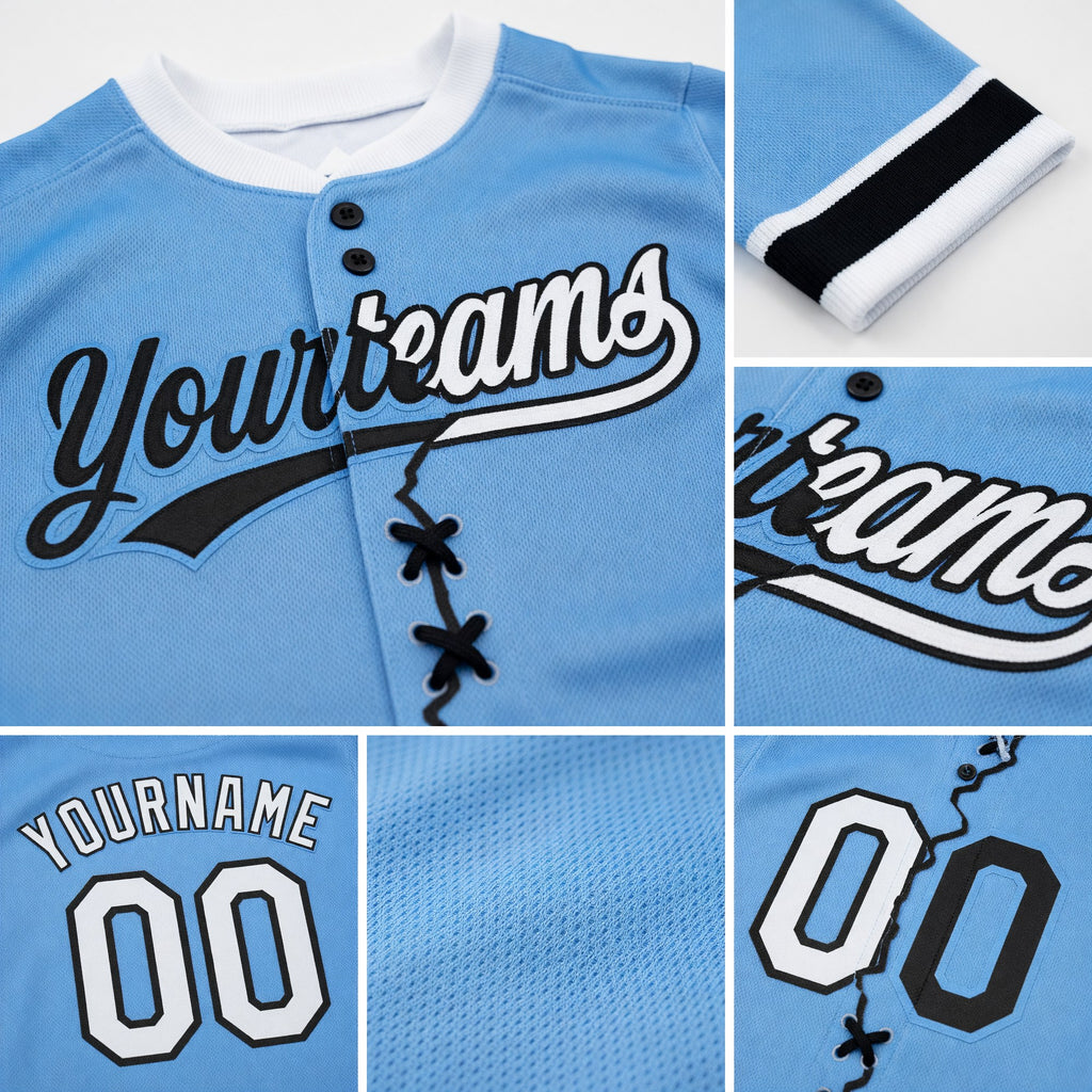 Custom Light Blue White-Black Split Ripped Pattern Baseball Pullover Sweatshirt Hoodie detail