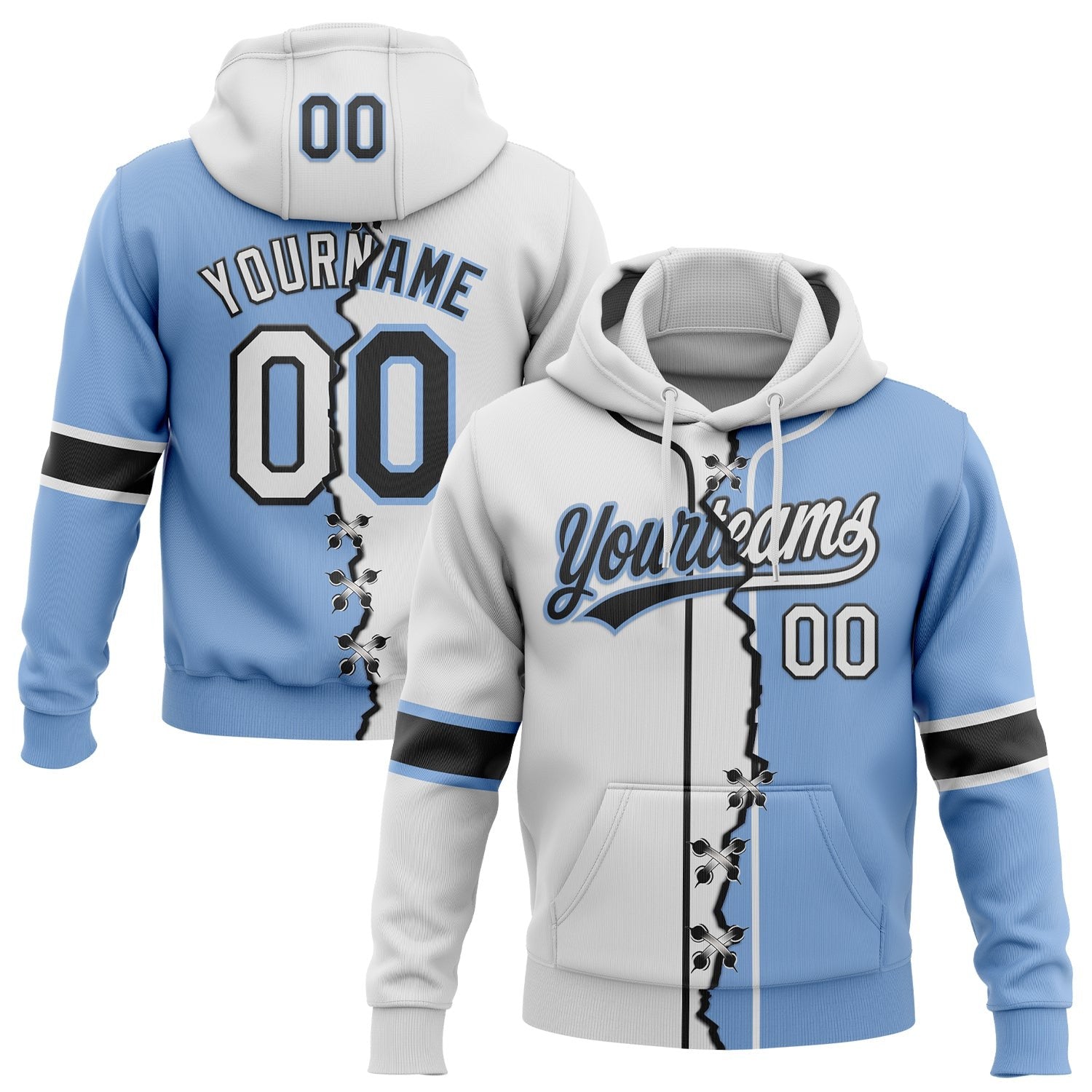 Custom Light Blue White-Black Split Ripped Pattern Baseball Pullover Sweatshirt Hoodie photo 1