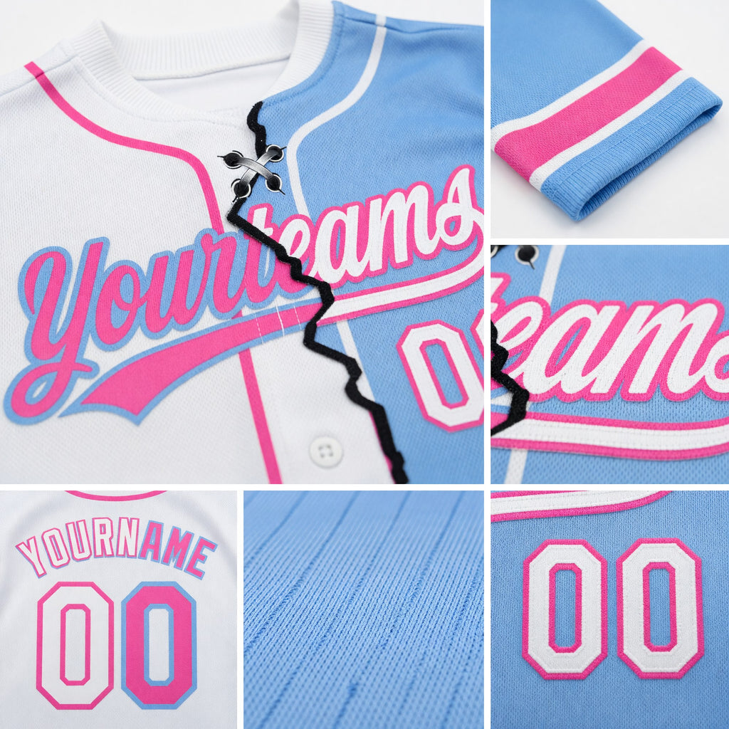 Custom Light Blue White-Pink Split Ripped Pattern Baseball Pullover Sweatshirt Hoodie detail