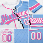 Custom Light Blue White-Pink Split Ripped Pattern Baseball Pullover Sweatshirt Hoodie detail
