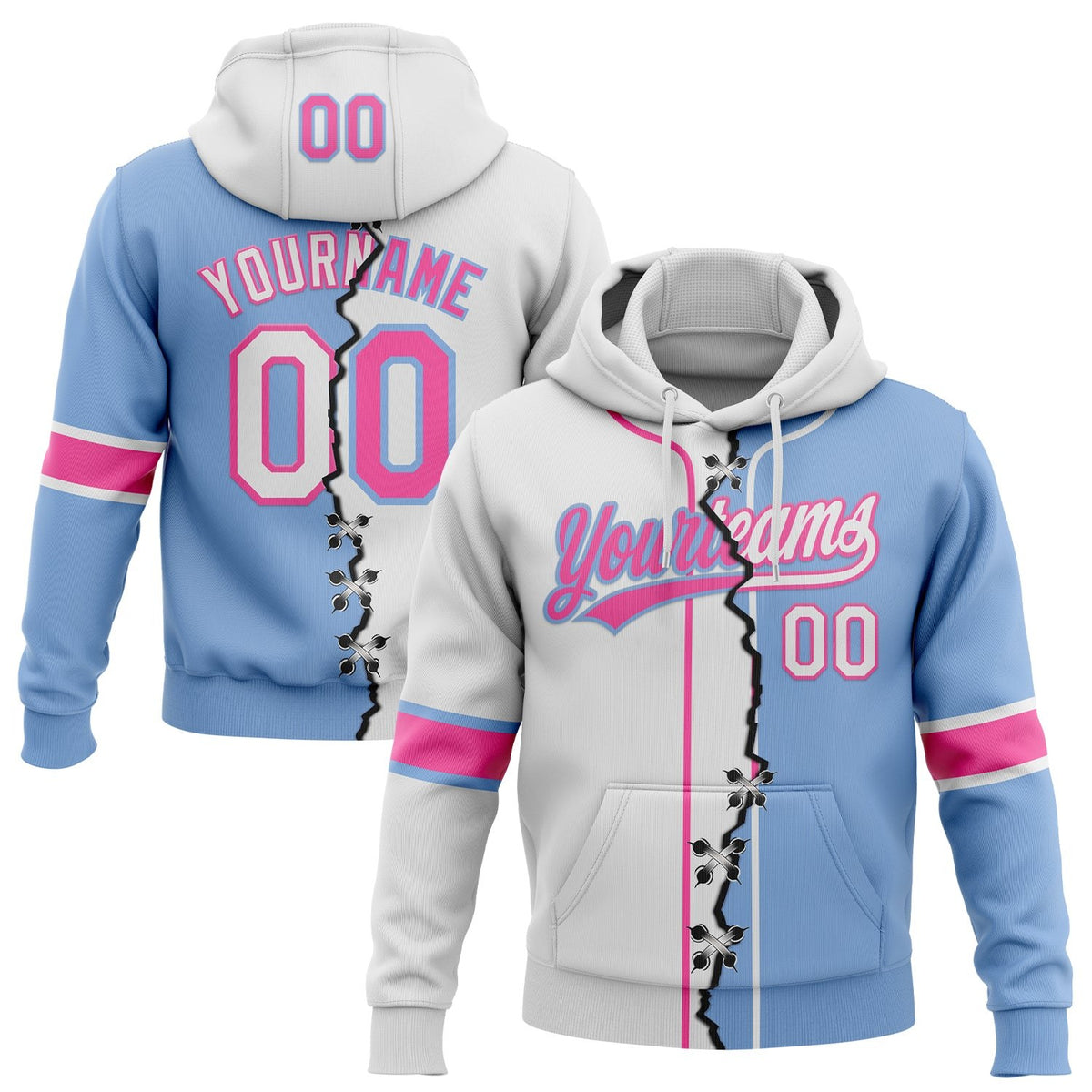 Custom Light Blue White-Pink Split Ripped Pattern Baseball Pullover Sweatshirt Hoodie photo 1