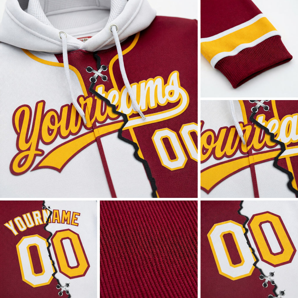 Custom Crimson White-Gold Split Ripped Pattern Baseball Pullover Sweatshirt Hoodie detail