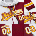 Custom Crimson White-Gold Split Ripped Pattern Baseball Pullover Sweatshirt Hoodie detail
