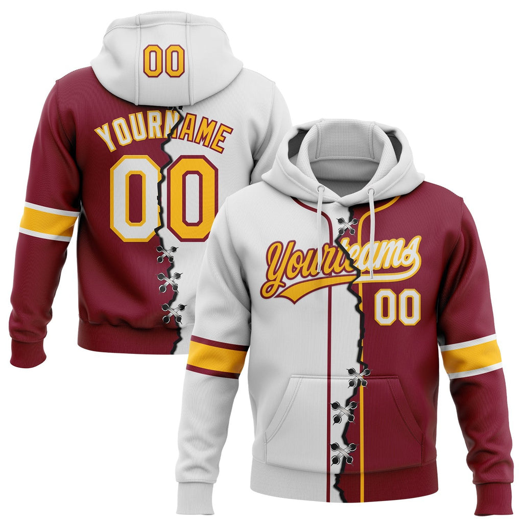 Custom Crimson White-Gold Split Ripped Pattern Baseball Pullover Sweatshirt Hoodie photo 1