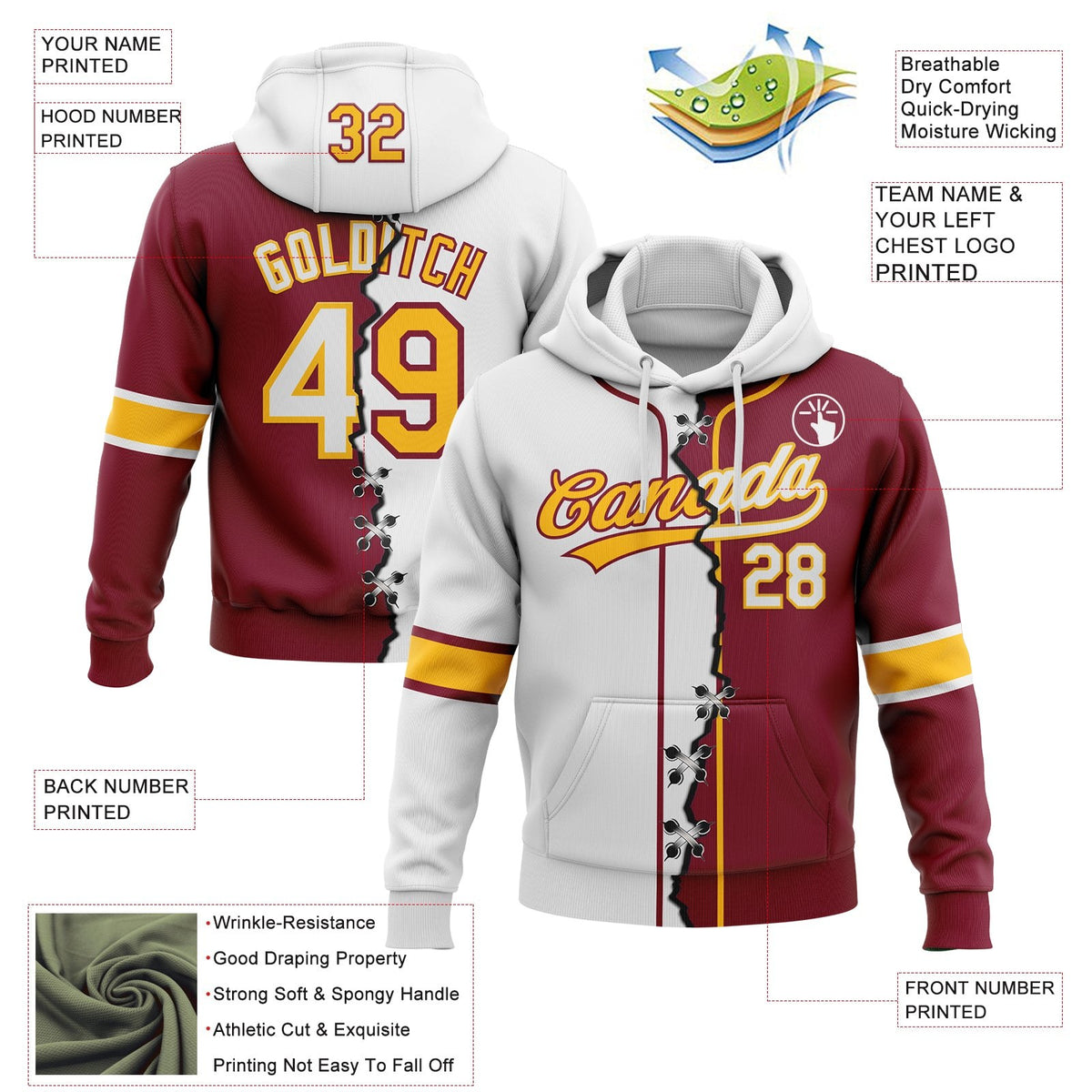 Custom Crimson White-Gold Split Ripped Pattern Baseball Pullover Sweatshirt Hoodie photo 3