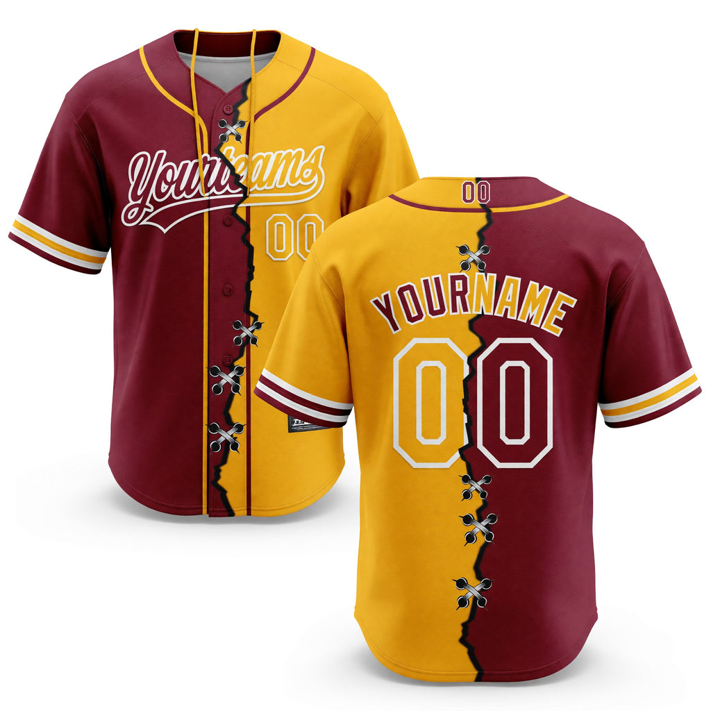 Custom Crimson Gold-White Split Ripped Pattern Baseball Pullover Sweatshirt Hoodie