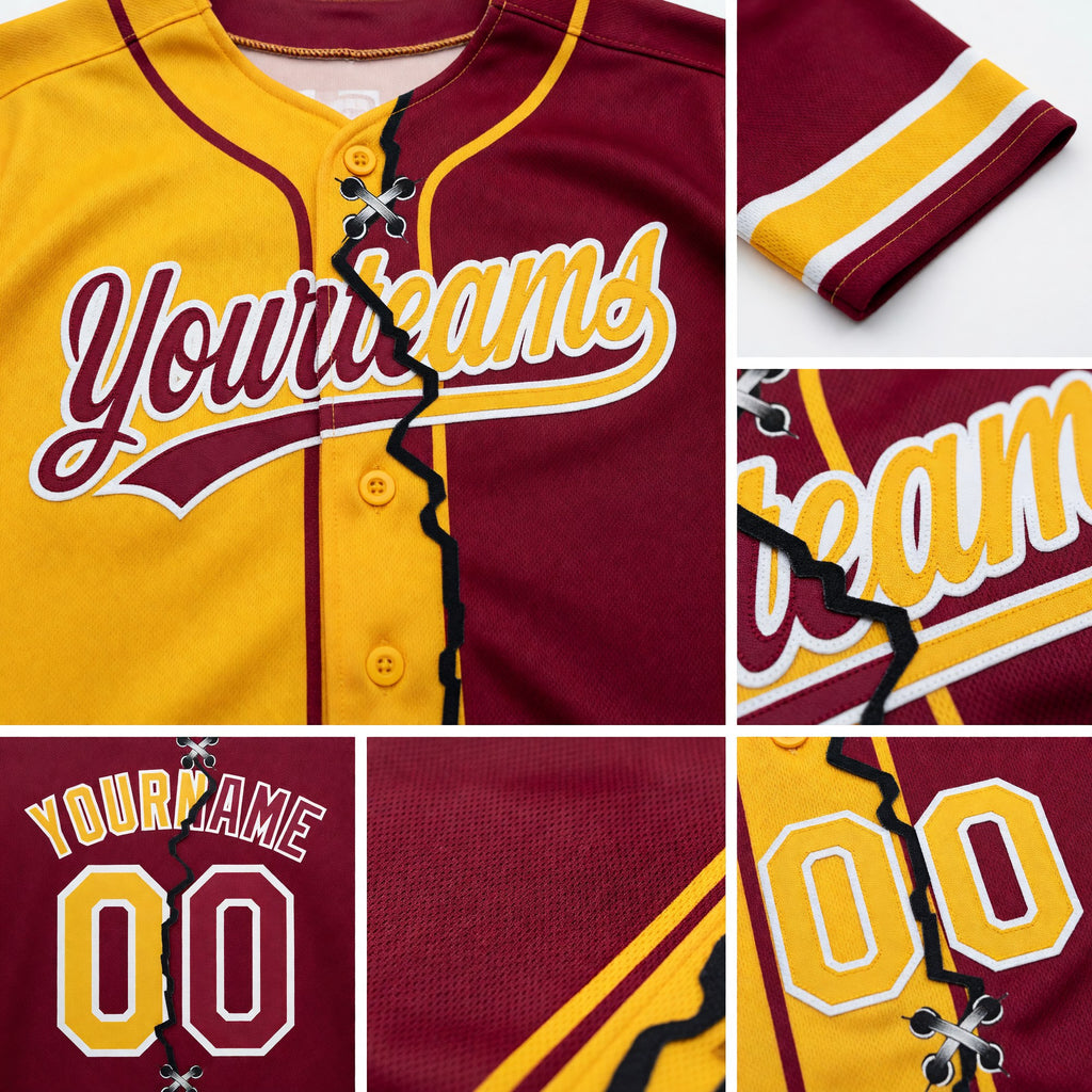 Custom Crimson Gold-White Split Ripped Pattern Baseball Pullover Sweatshirt Hoodie detail