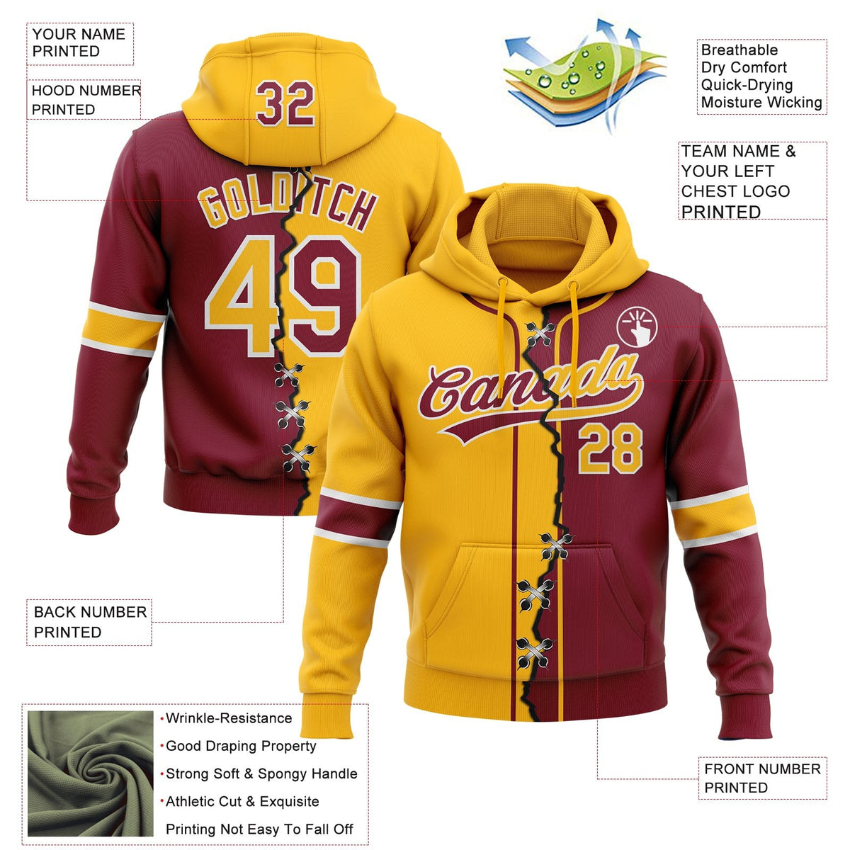 Custom Crimson Gold-White Split Ripped Pattern Baseball Pullover Sweatshirt Hoodie photo 3