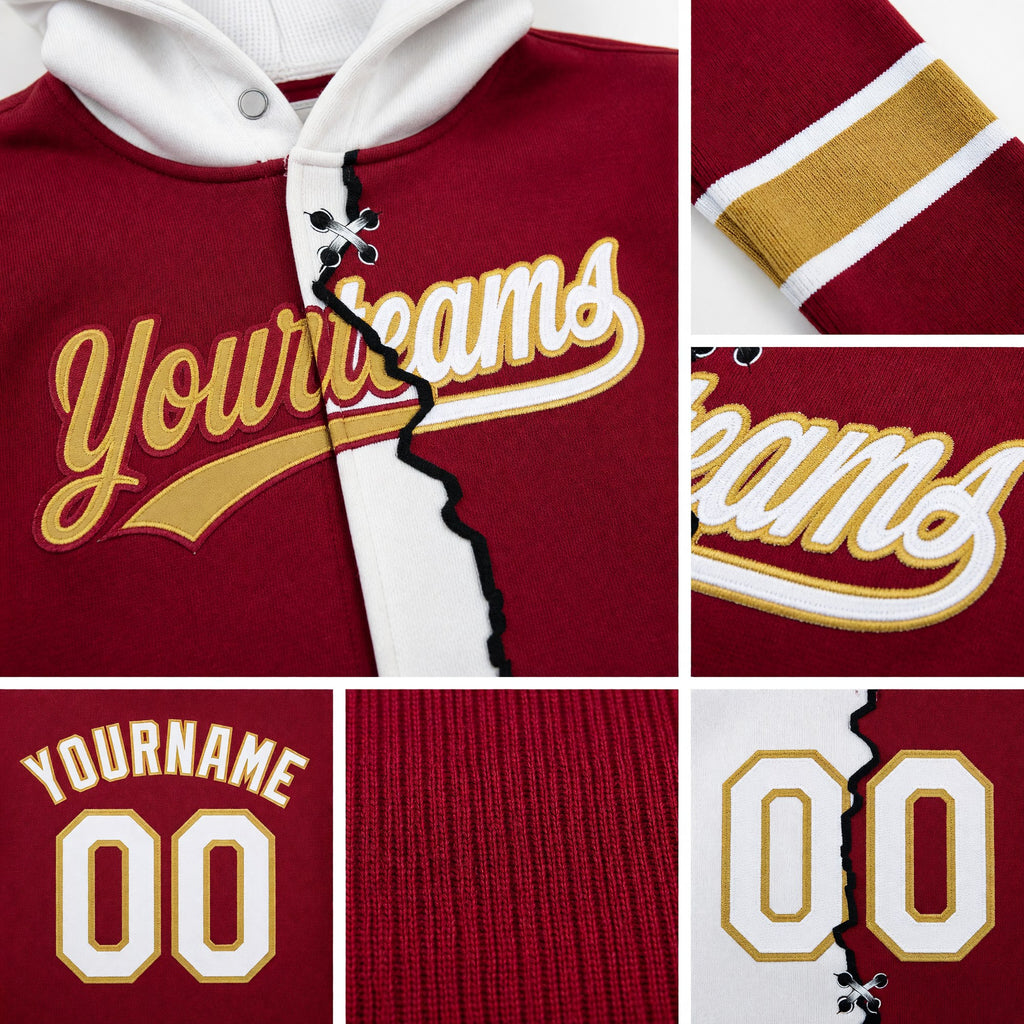 Custom Crimson White-Old Gold Split Ripped Pattern Baseball Pullover Sweatshirt Hoodie detail