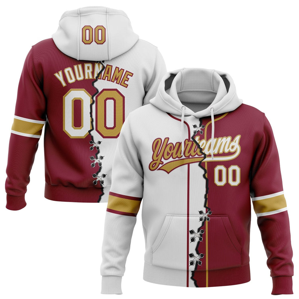 Custom Crimson White-Old Gold Split Ripped Pattern Baseball Pullover Sweatshirt Hoodie photo 1