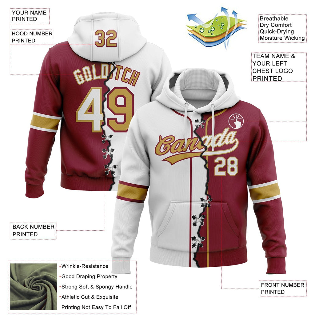 Custom Crimson White-Old Gold Split Ripped Pattern Baseball Pullover Sweatshirt Hoodie photo 3
