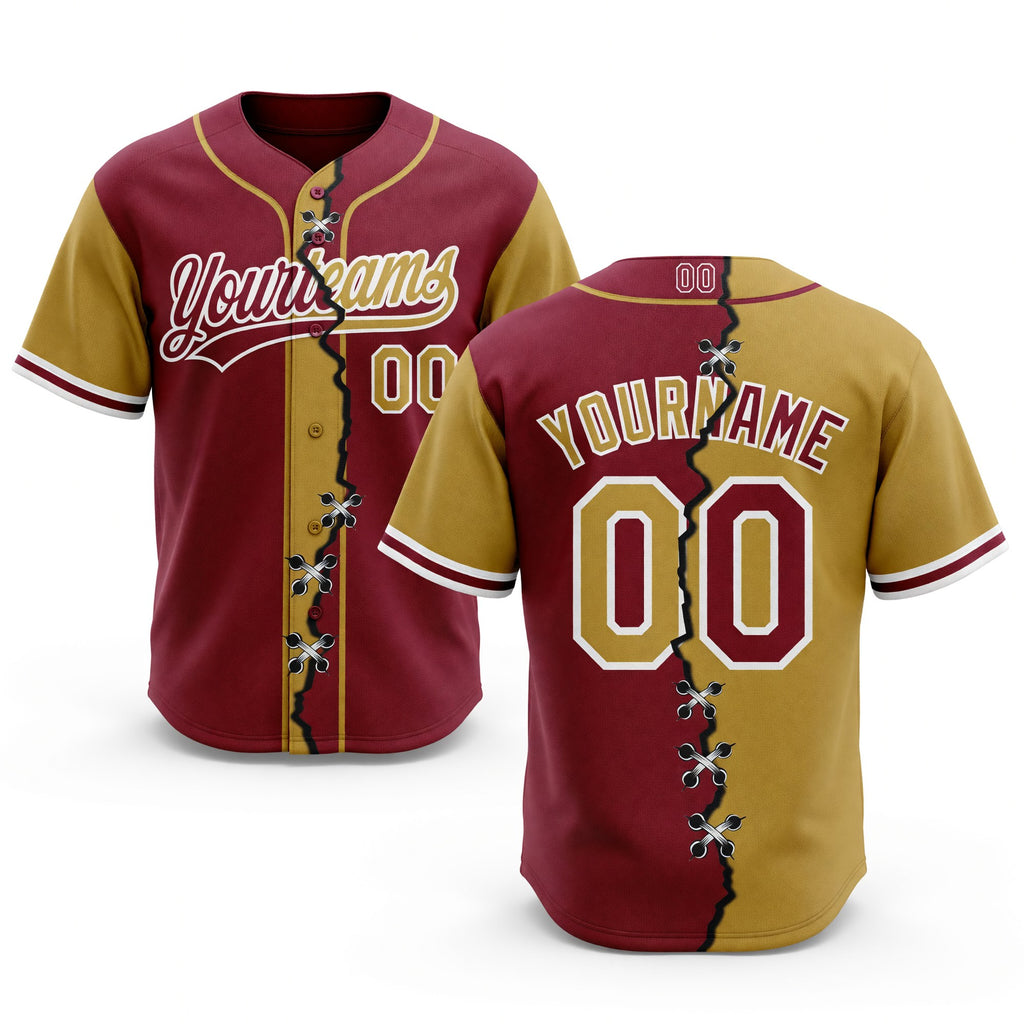 Custom Crimson Old Gold-White Split Ripped Pattern Baseball Pullover Sweatshirt Hoodie