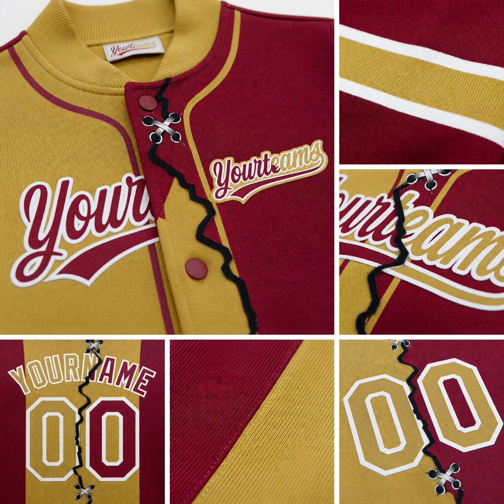 Custom Crimson Old Gold-White Split Ripped Pattern Baseball Pullover Sweatshirt Hoodie detail