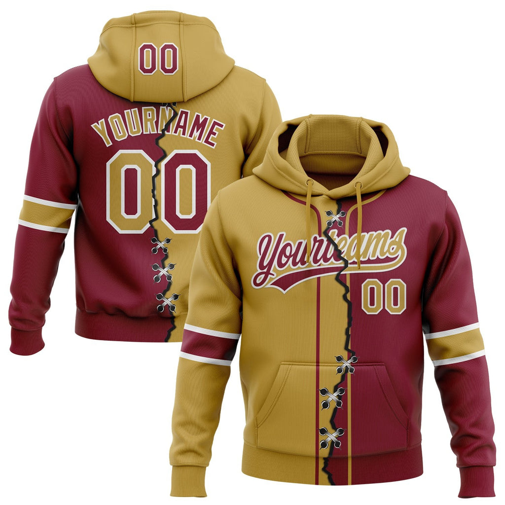 Custom Crimson Old Gold-White Split Ripped Pattern Baseball Pullover Sweatshirt Hoodie photo 1
