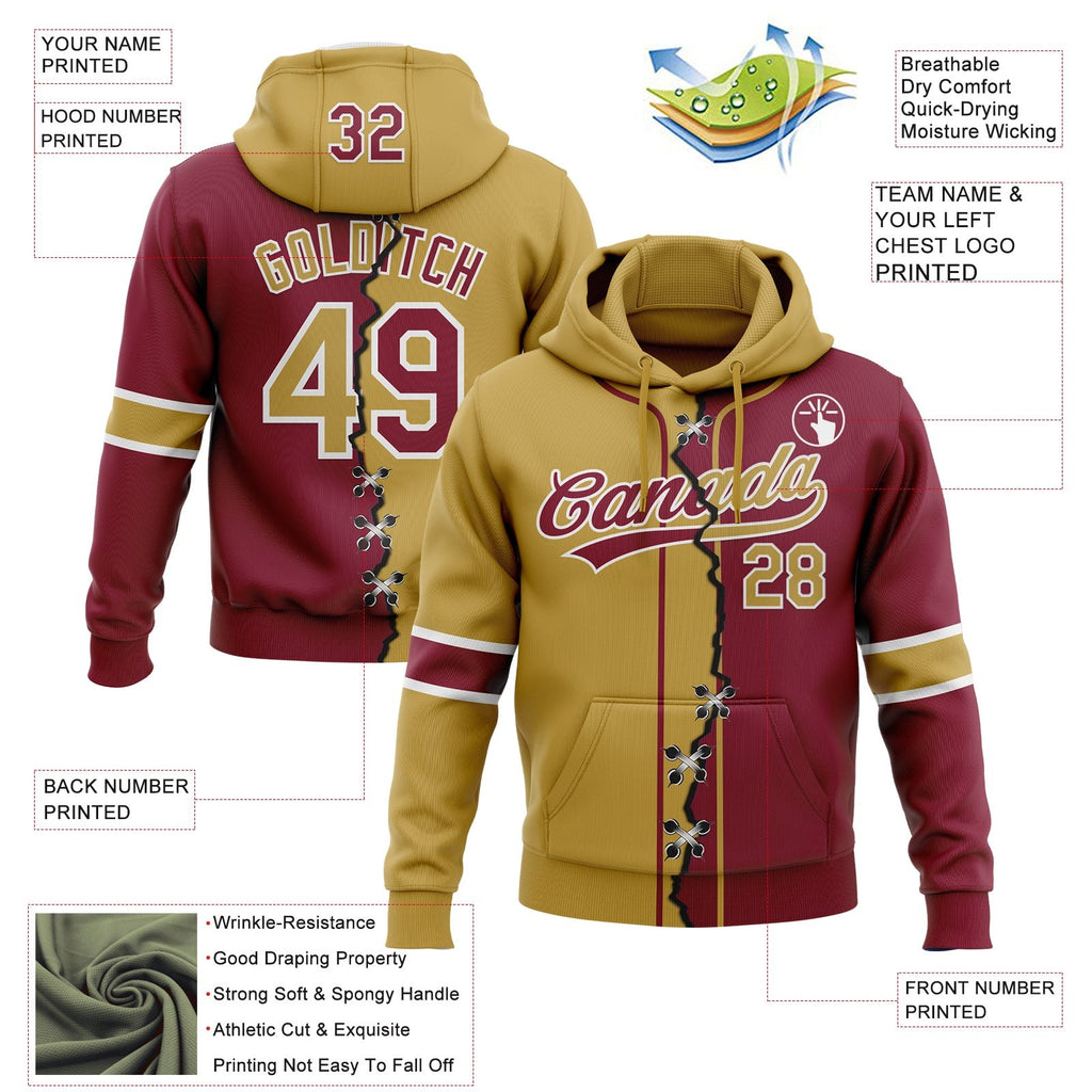 Custom Crimson Old Gold-White Split Ripped Pattern Baseball Pullover Sweatshirt Hoodie photo 3