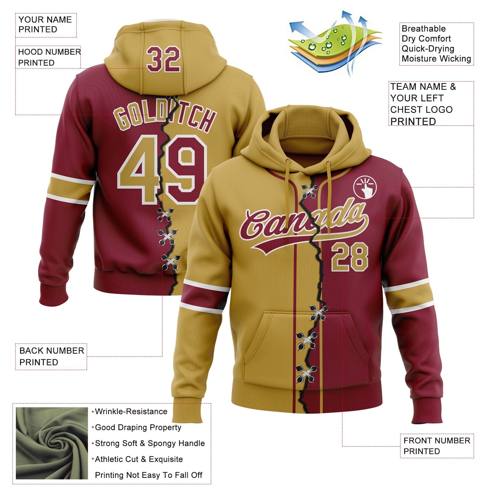 Custom Crimson Old Gold-White Split Ripped Pattern Baseball Pullover Sweatshirt Hoodie photo 3