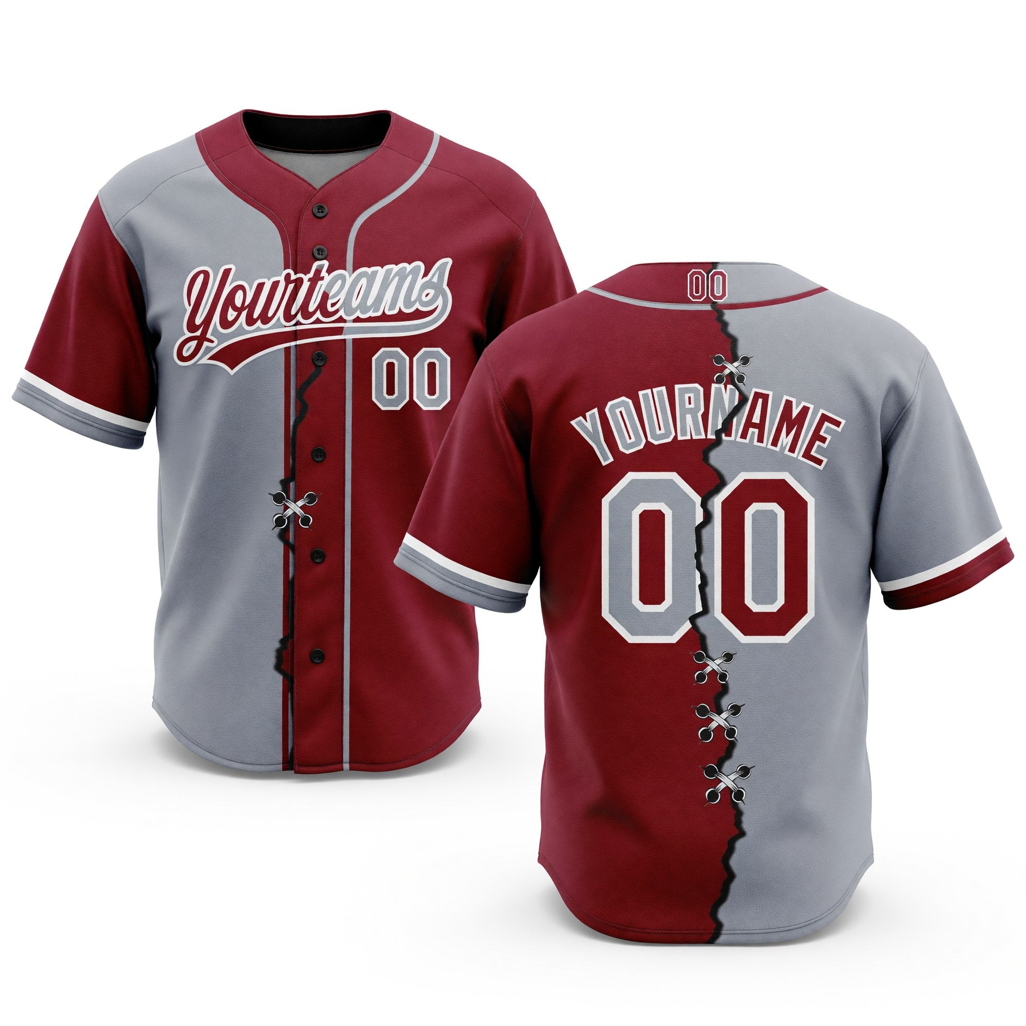Custom Crimson Gray-White Split Ripped Pattern Baseball Pullover Sweatshirt Hoodie