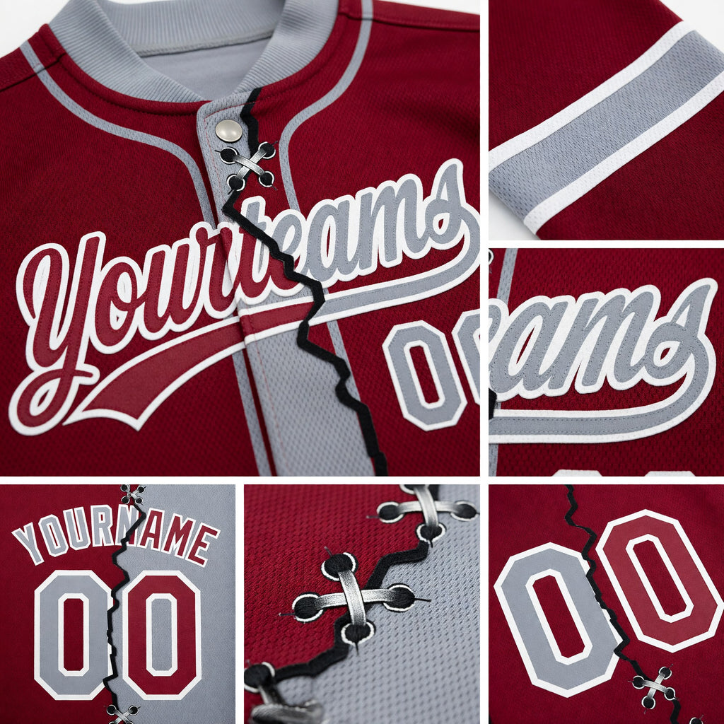 Custom Crimson Gray-White Split Ripped Pattern Baseball Pullover Sweatshirt Hoodie detail