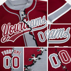 Custom Crimson Gray-White Split Ripped Pattern Baseball Pullover Sweatshirt Hoodie detail