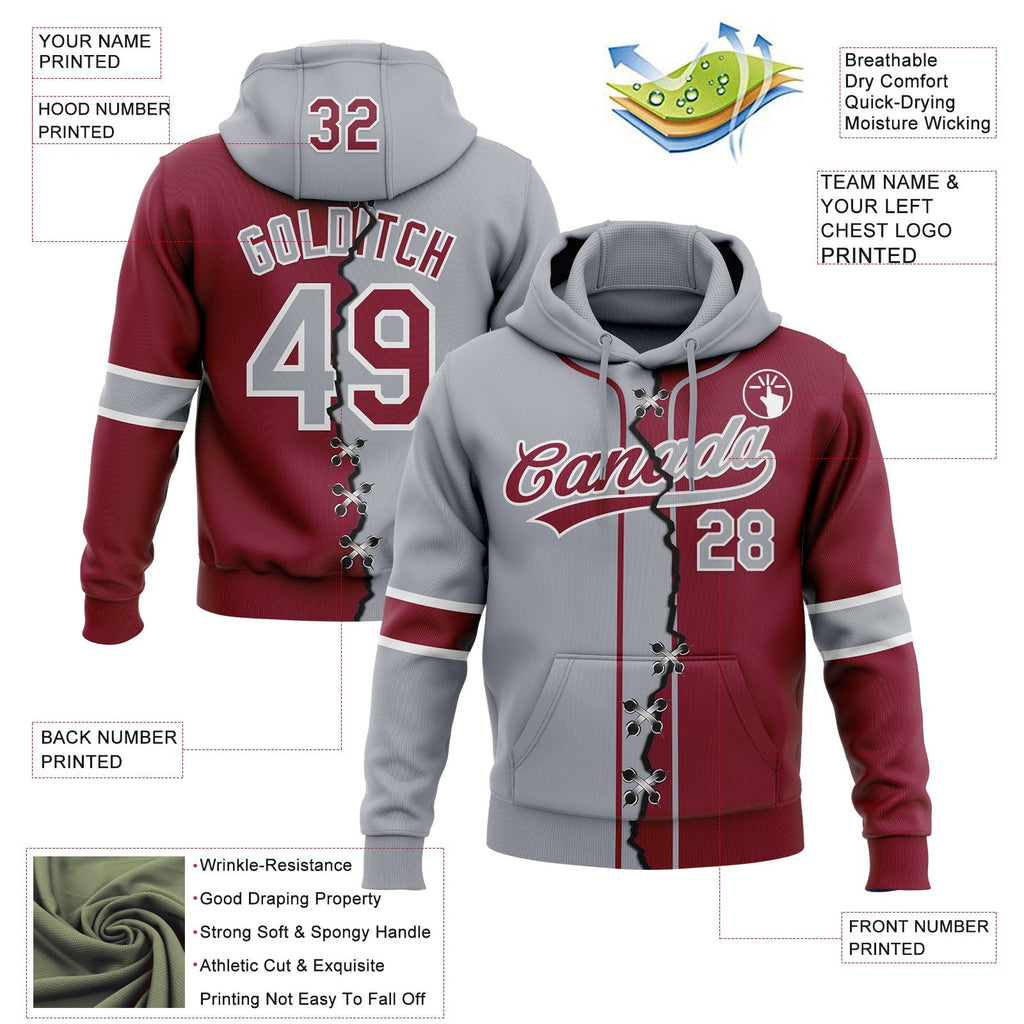 Custom Crimson Gray-White Split Ripped Pattern Baseball Pullover Sweatshirt Hoodie photo 3