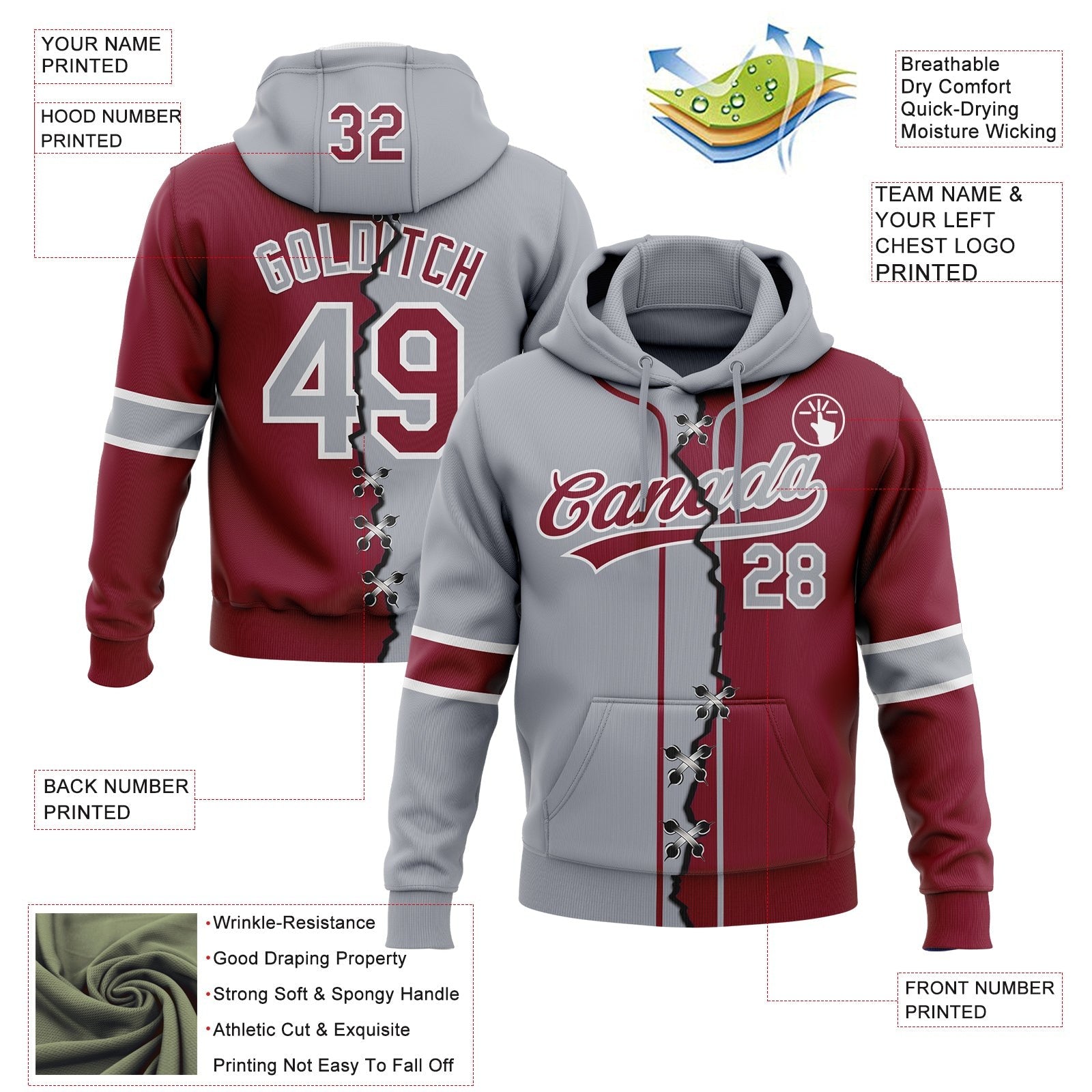 Custom Crimson Gray-White Split Ripped Pattern Baseball Pullover Sweatshirt Hoodie photo 3