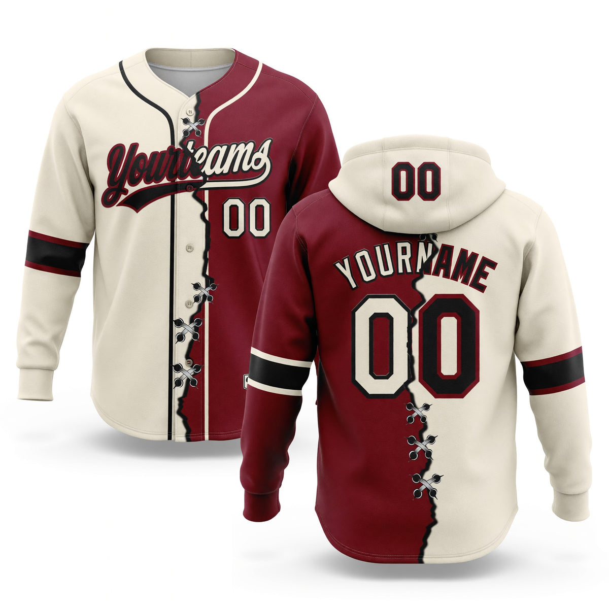 Custom Crimson Cream-Black Split Ripped Pattern Baseball Pullover Sweatshirt Hoodie