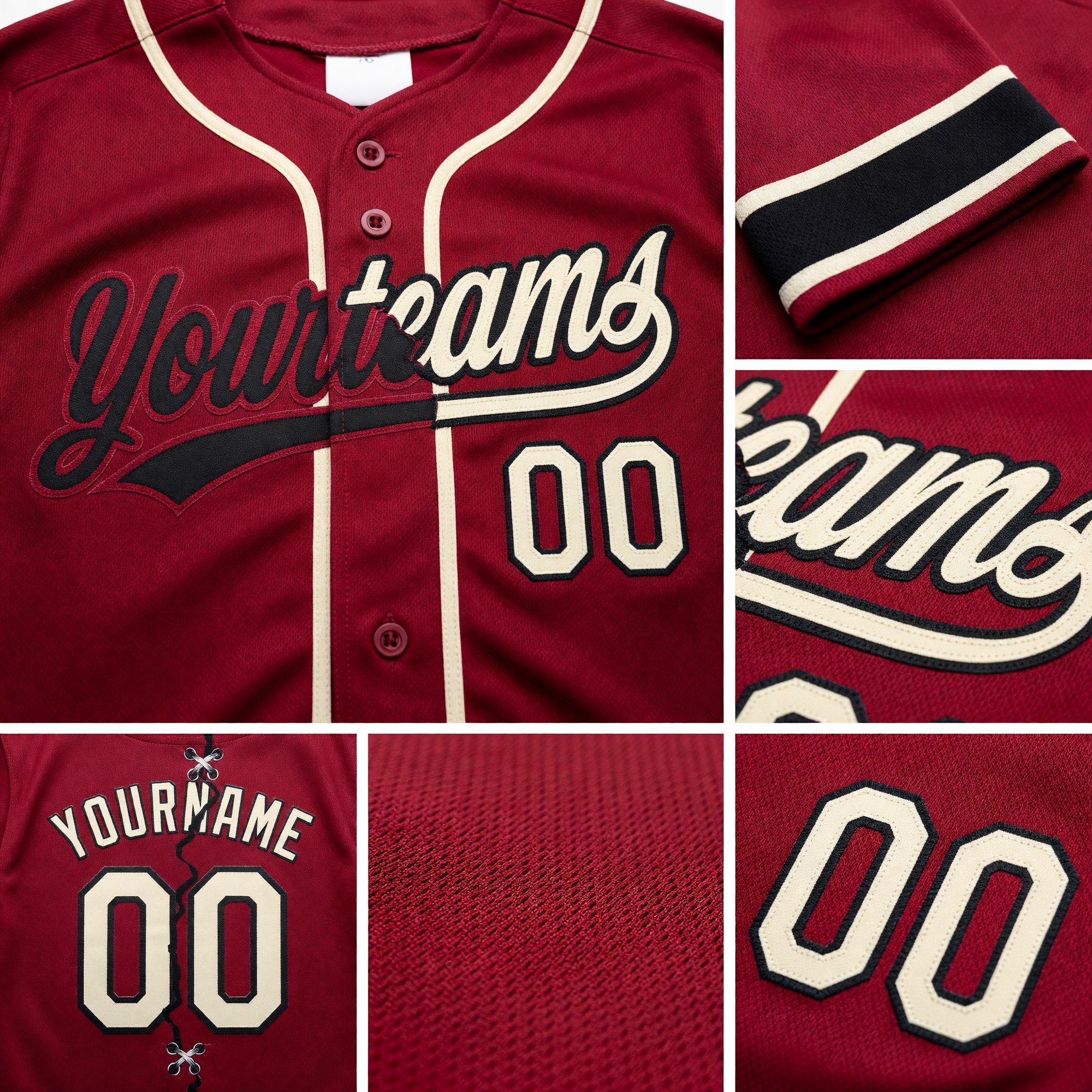 Custom Crimson Cream-Black Split Ripped Pattern Baseball Pullover Sweatshirt Hoodie detail