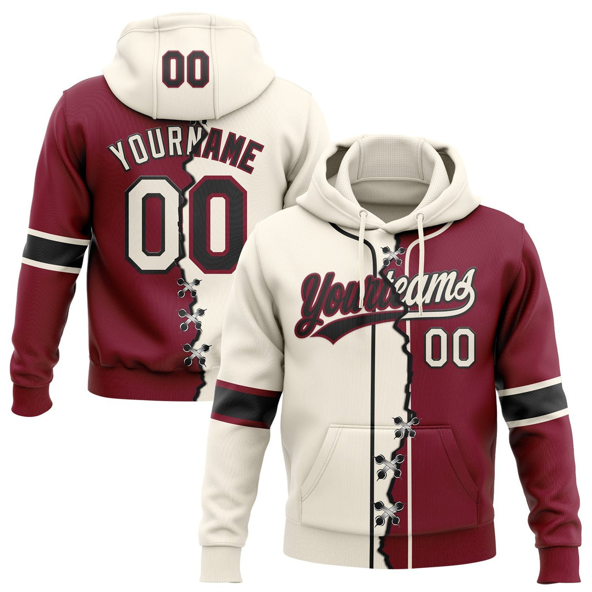 Custom Crimson Cream-Black Split Ripped Pattern Baseball Pullover Sweatshirt Hoodie photo 1