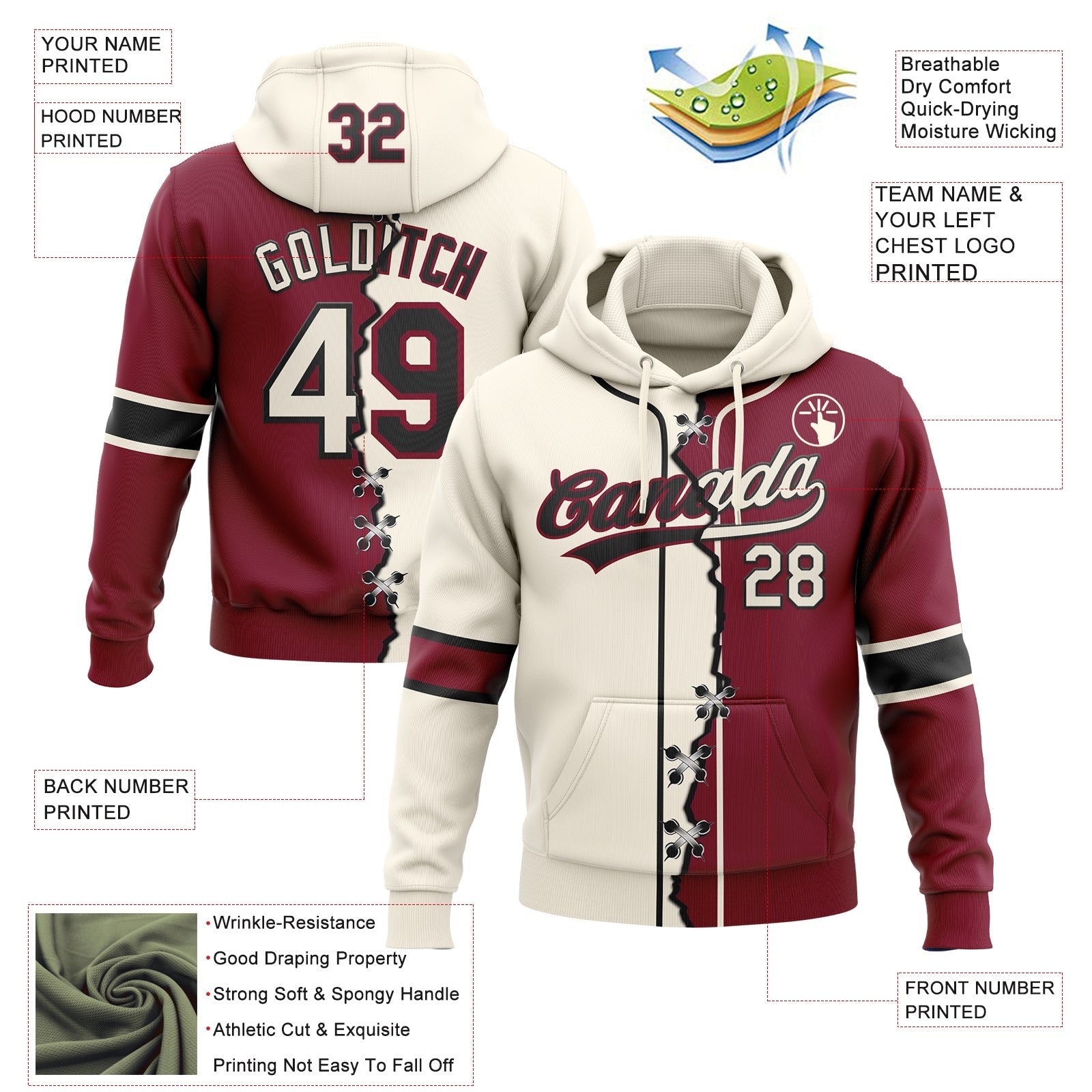 Custom Crimson Cream-Black Split Ripped Pattern Baseball Pullover Sweatshirt Hoodie photo 3