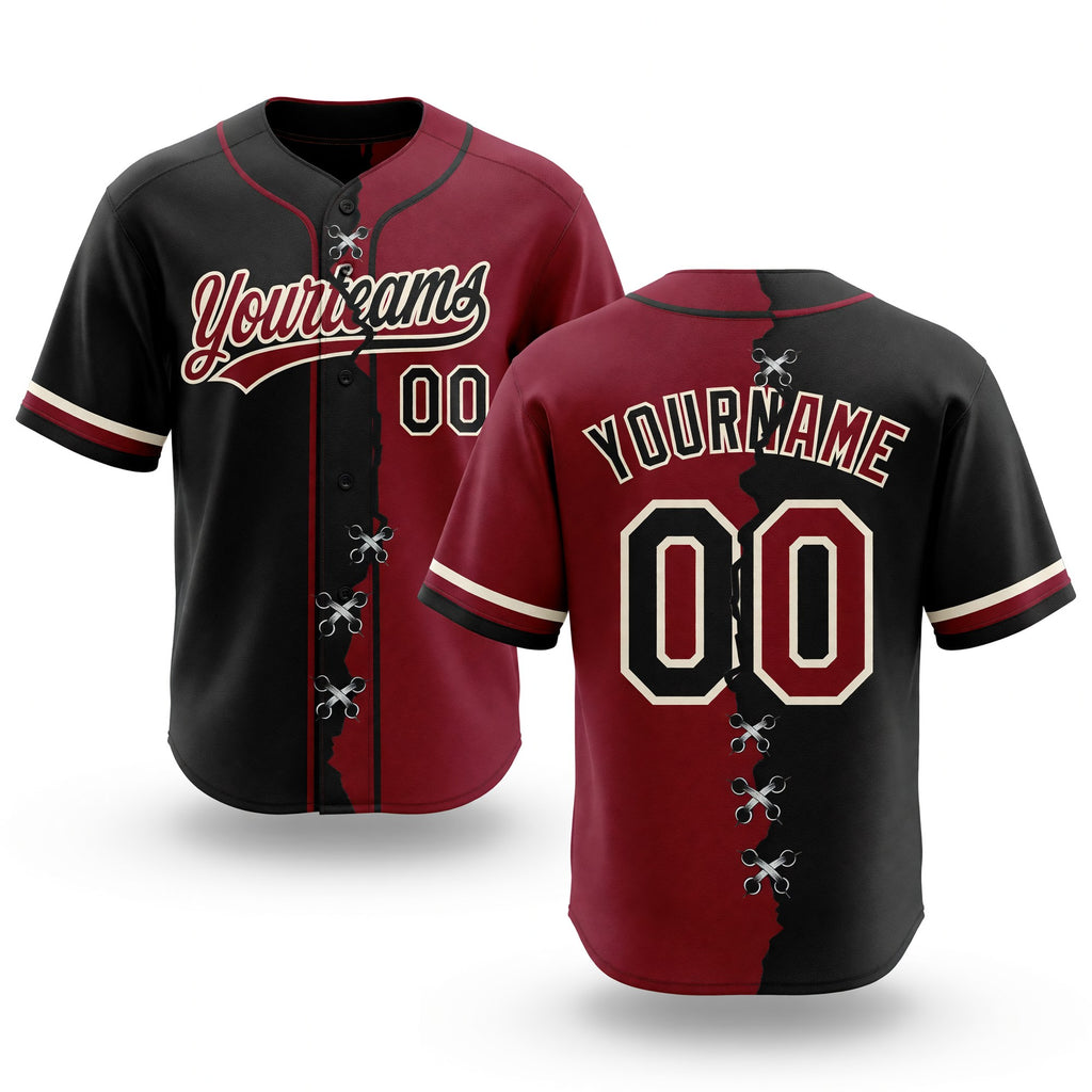 Custom Crimson Black-Cream Split Ripped Pattern Baseball Pullover Sweatshirt Hoodie