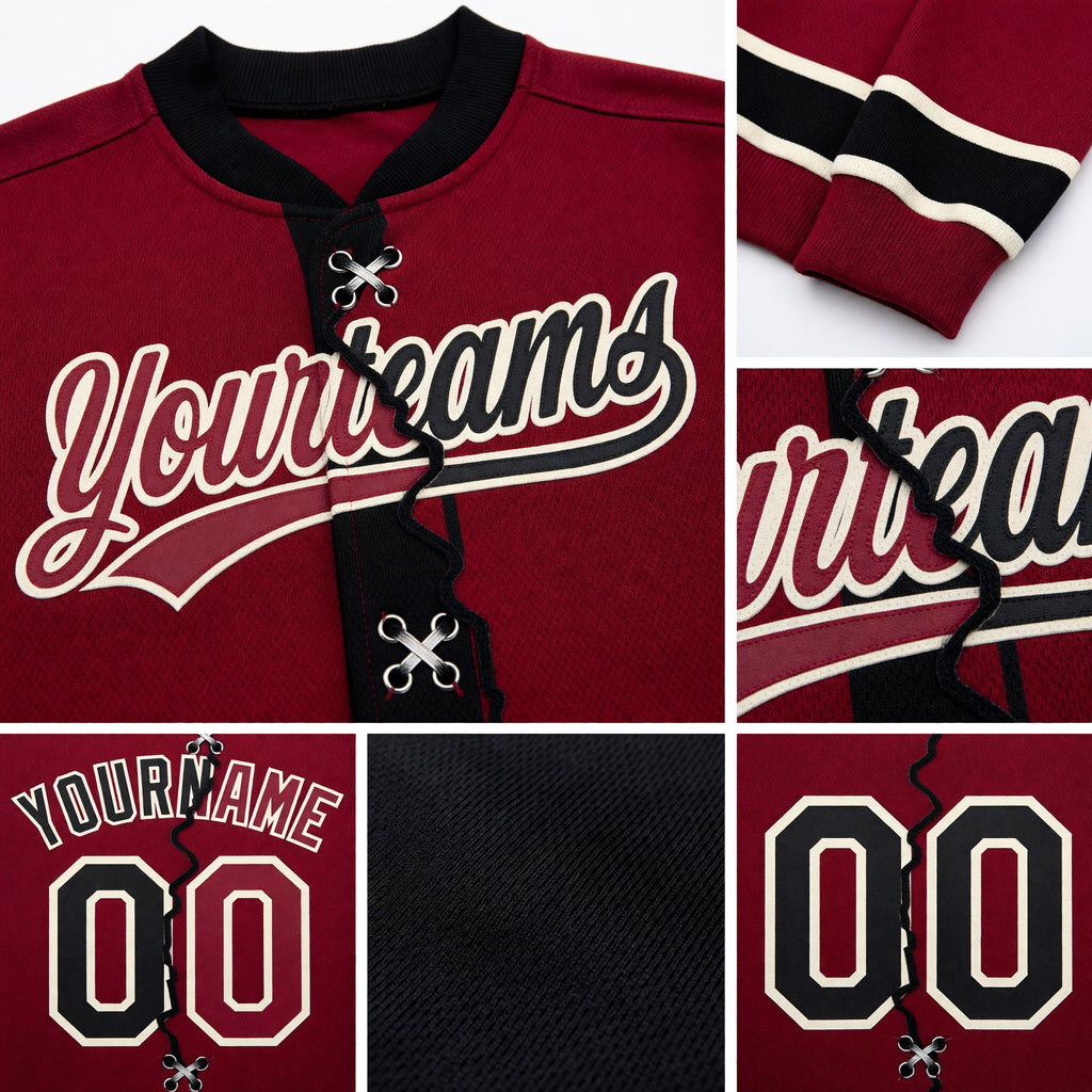 Custom Crimson Black-Cream Split Ripped Pattern Baseball Pullover Sweatshirt Hoodie detail