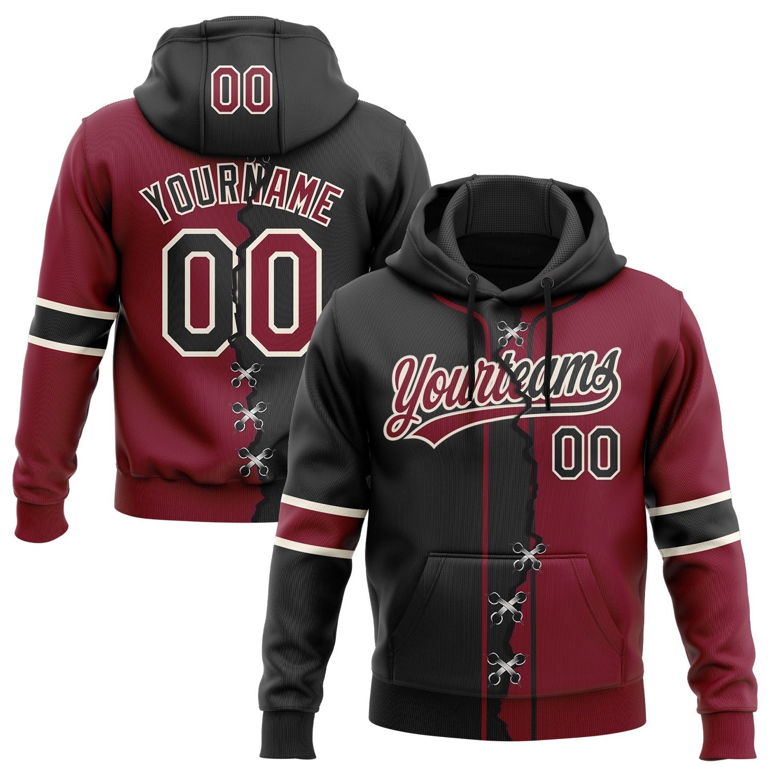 Custom Crimson Black-Cream Split Ripped Pattern Baseball Pullover Sweatshirt Hoodie photo 1