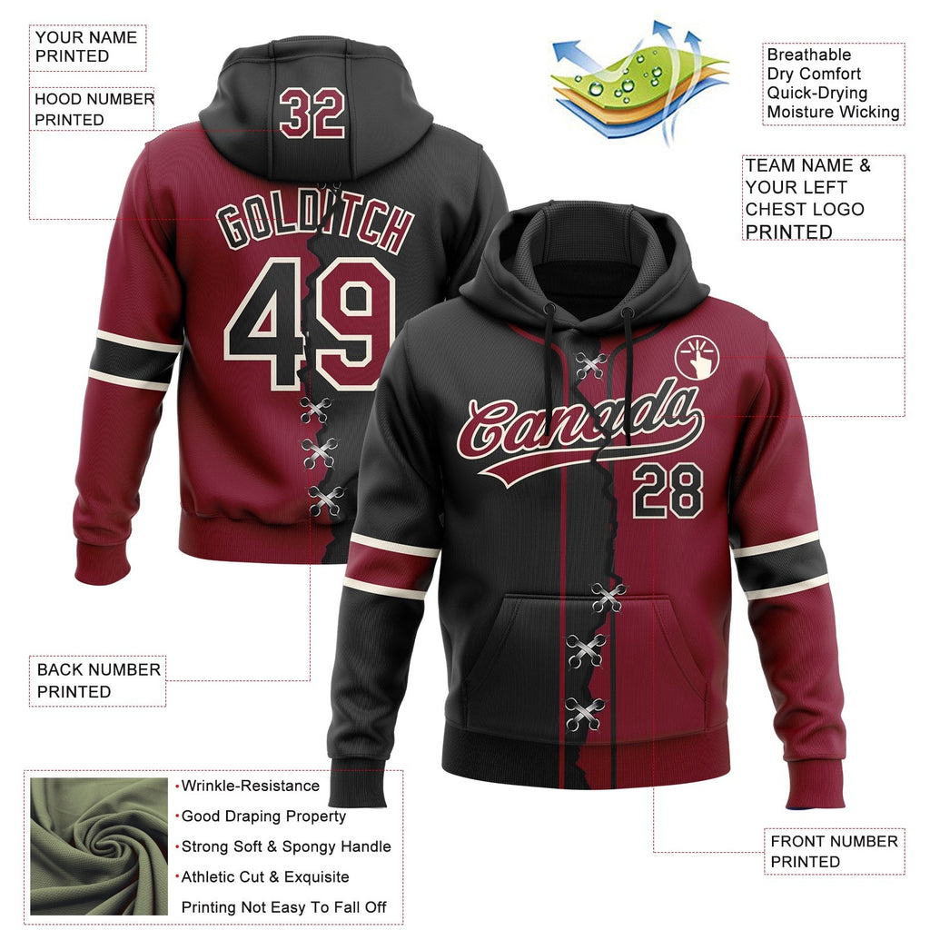 Custom Crimson Black-Cream Split Ripped Pattern Baseball Pullover Sweatshirt Hoodie photo 3