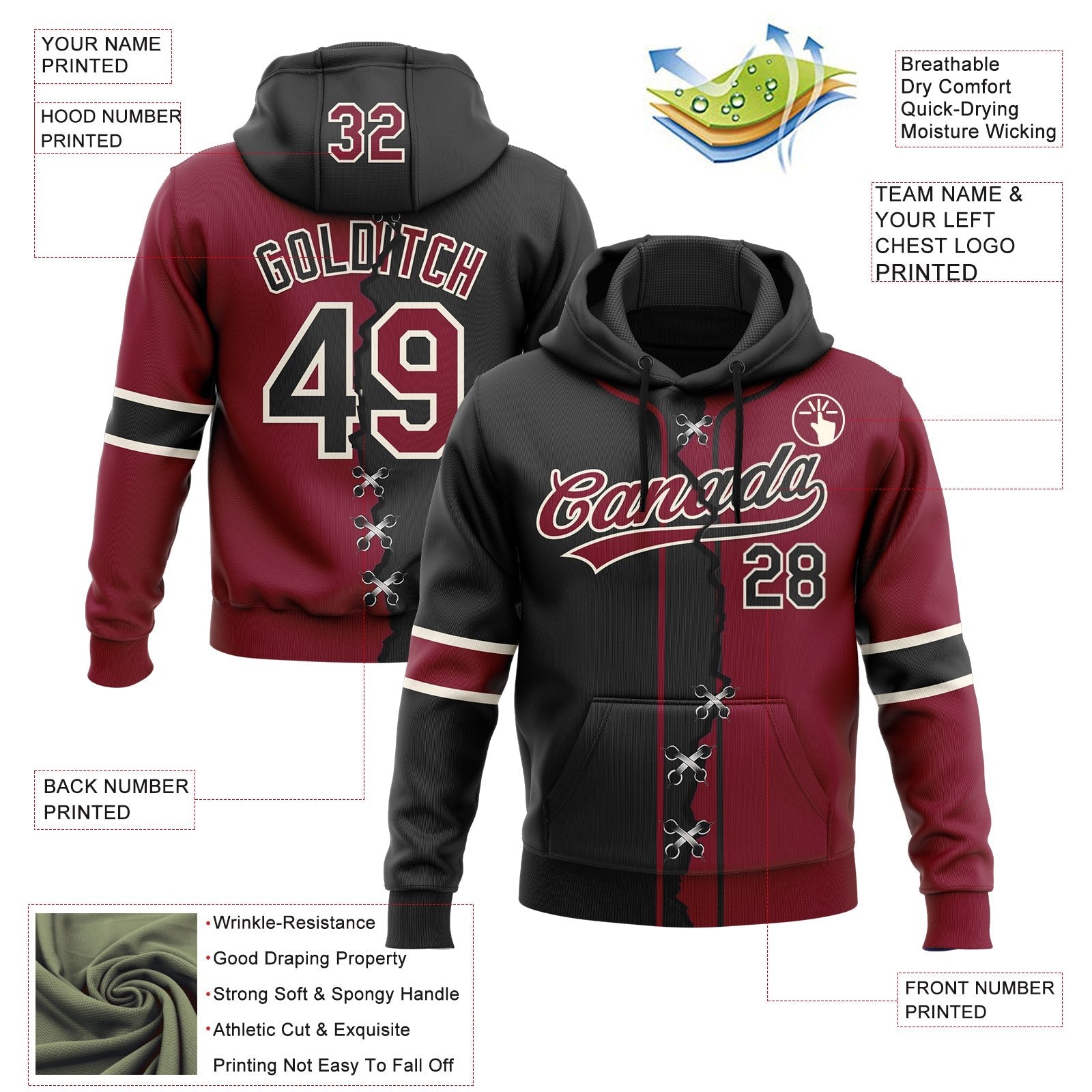 Custom Crimson Black-Cream Split Ripped Pattern Baseball Pullover Sweatshirt Hoodie photo 3