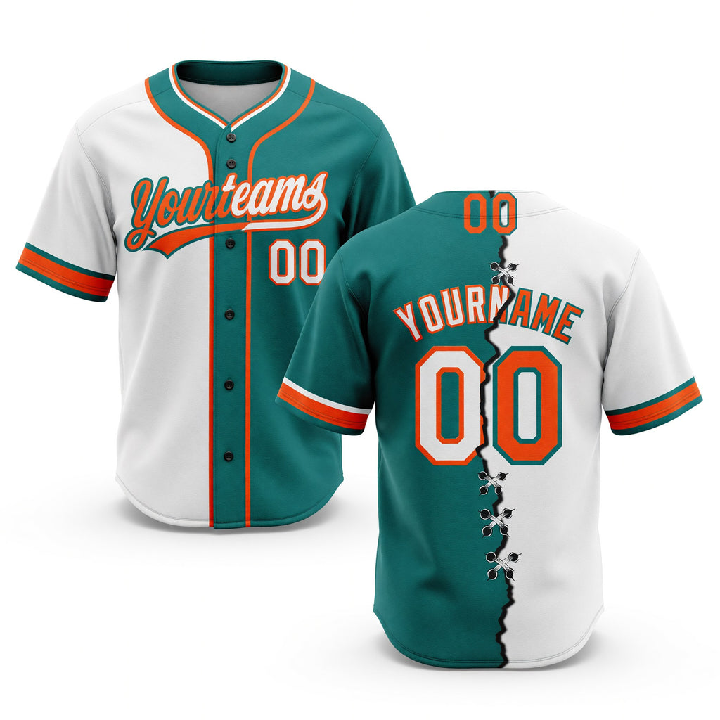 Custom Teal White-Orange Split Ripped Pattern Baseball Pullover Sweatshirt Hoodie