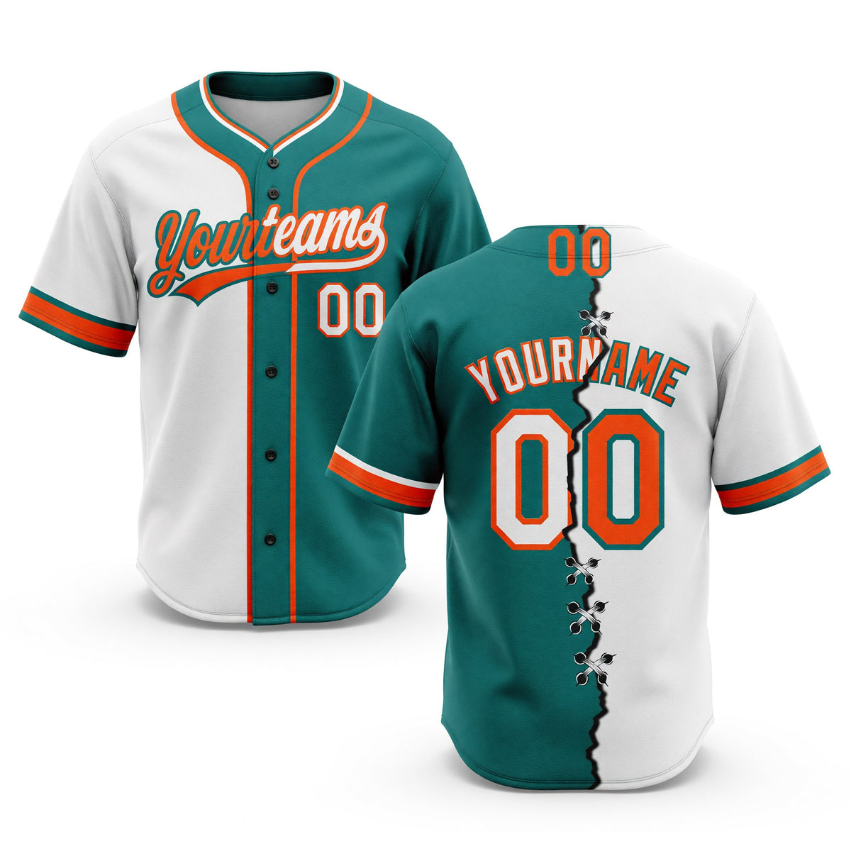 Custom Teal White-Orange Split Ripped Pattern Baseball Pullover Sweatshirt Hoodie
