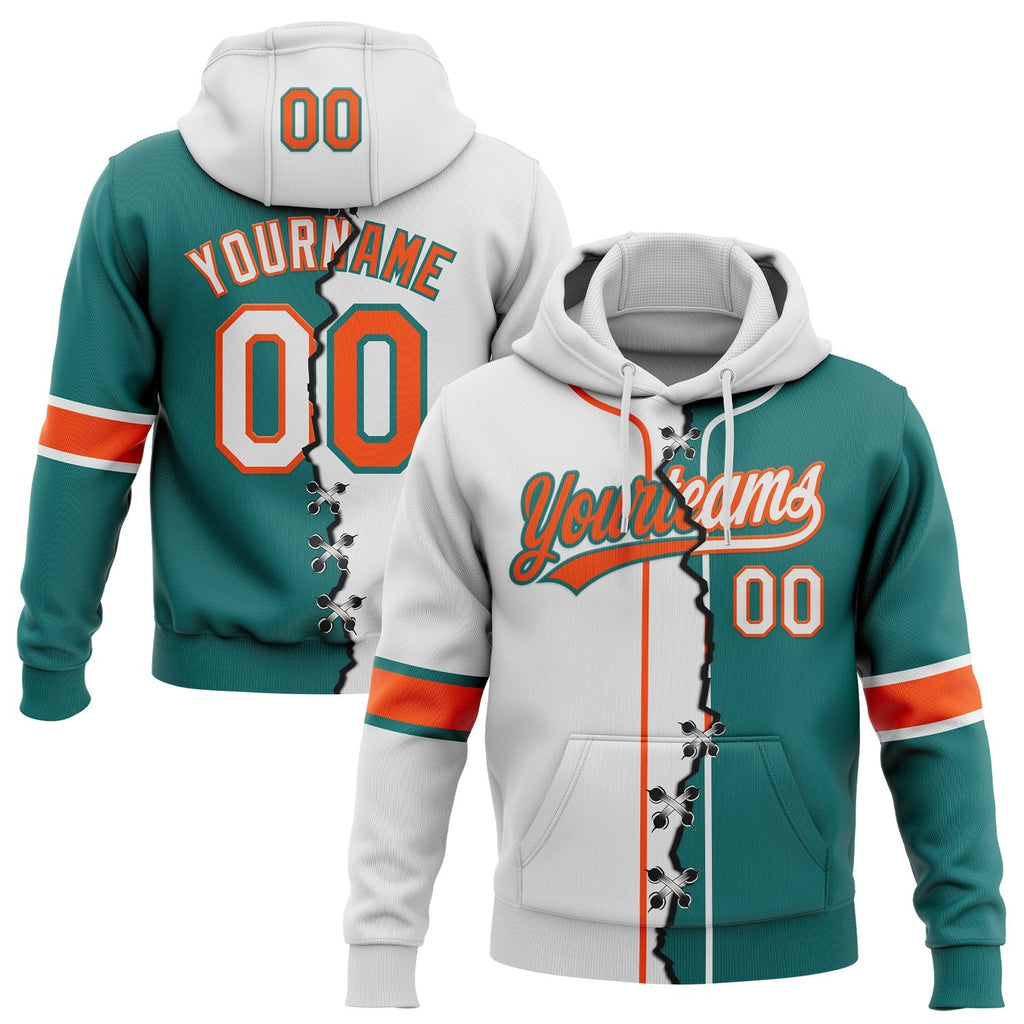 Custom Teal White-Orange Split Ripped Pattern Baseball Pullover Sweatshirt Hoodie photo 1
