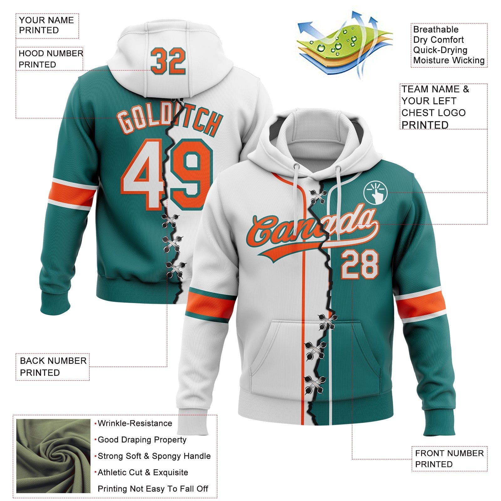 Custom Teal White-Orange Split Ripped Pattern Baseball Pullover Sweatshirt Hoodie photo 3