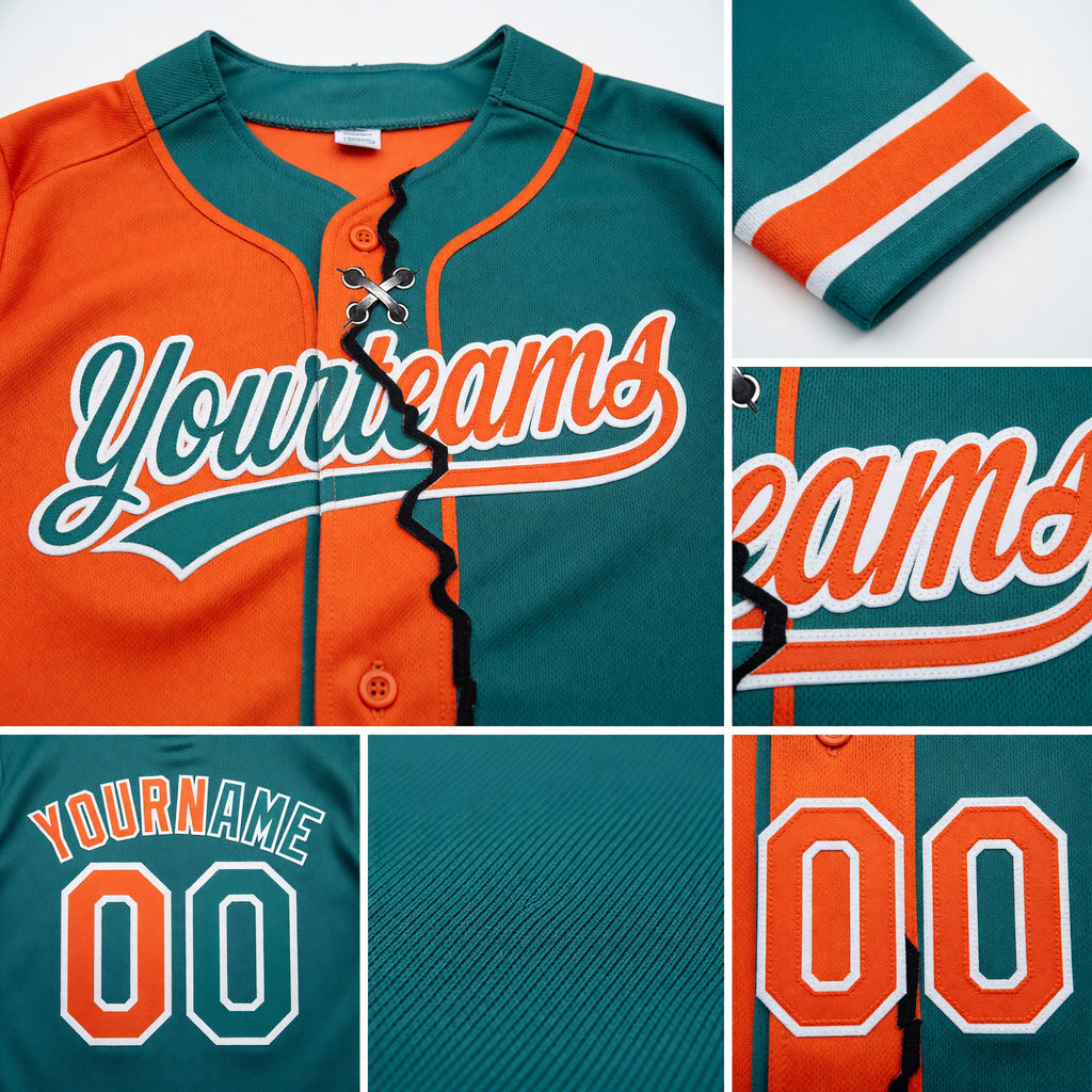 Custom Teal Orange-White Split Ripped Pattern Baseball Pullover Sweatshirt Hoodie detail