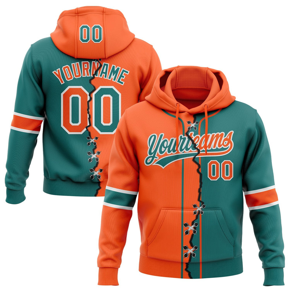 Custom Teal Orange-White Split Ripped Pattern Baseball Pullover Sweatshirt Hoodie photo 1
