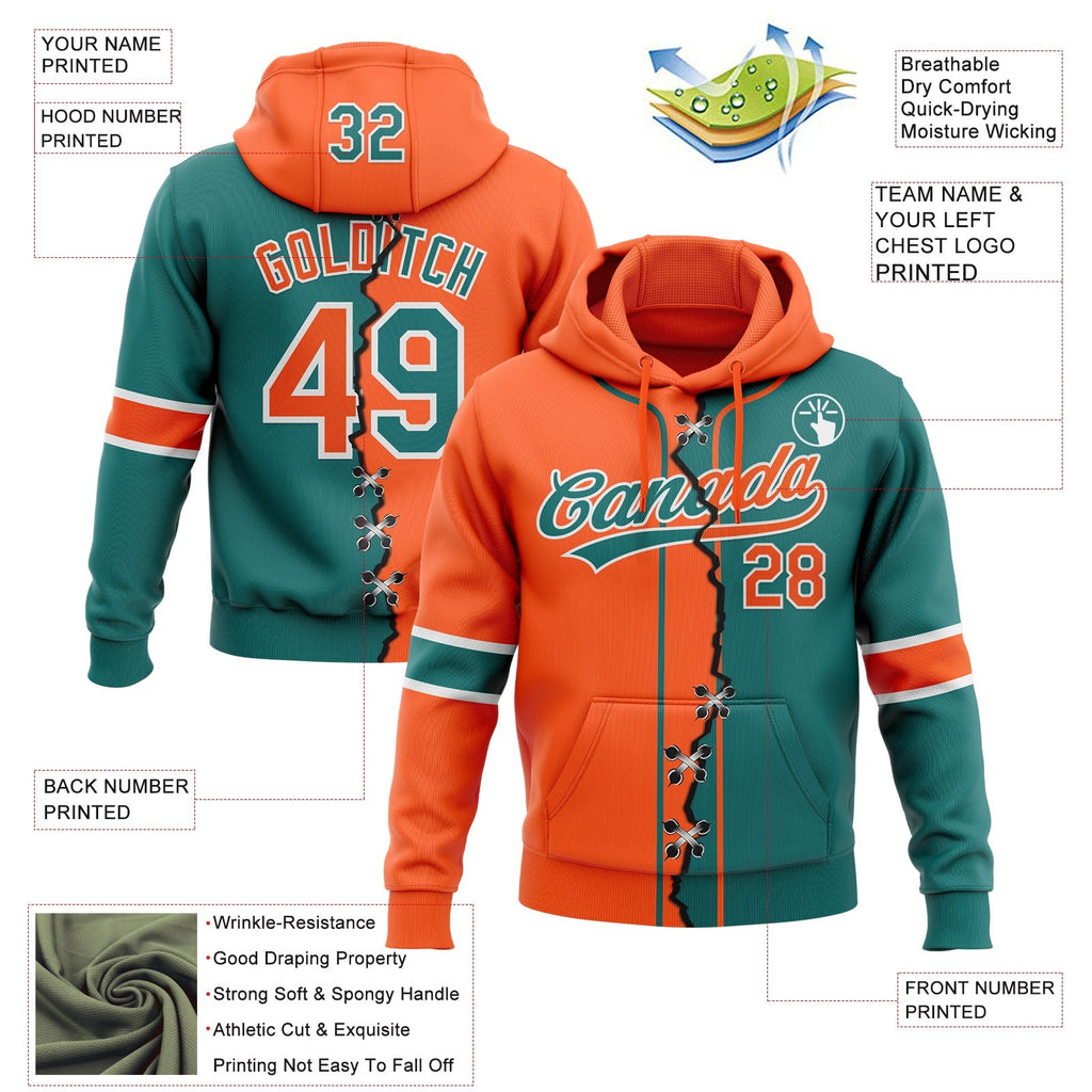 Custom Teal Orange-White Split Ripped Pattern Baseball Pullover Sweatshirt Hoodie photo 3