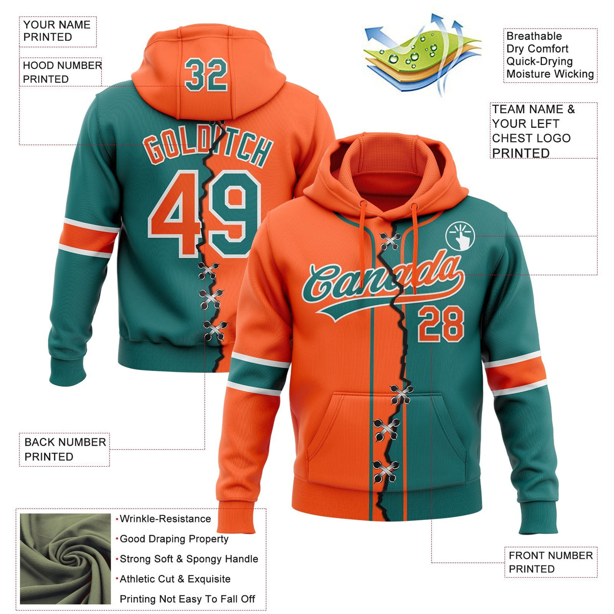 Custom Teal Orange-White Split Ripped Pattern Baseball Pullover Sweatshirt Hoodie photo 3