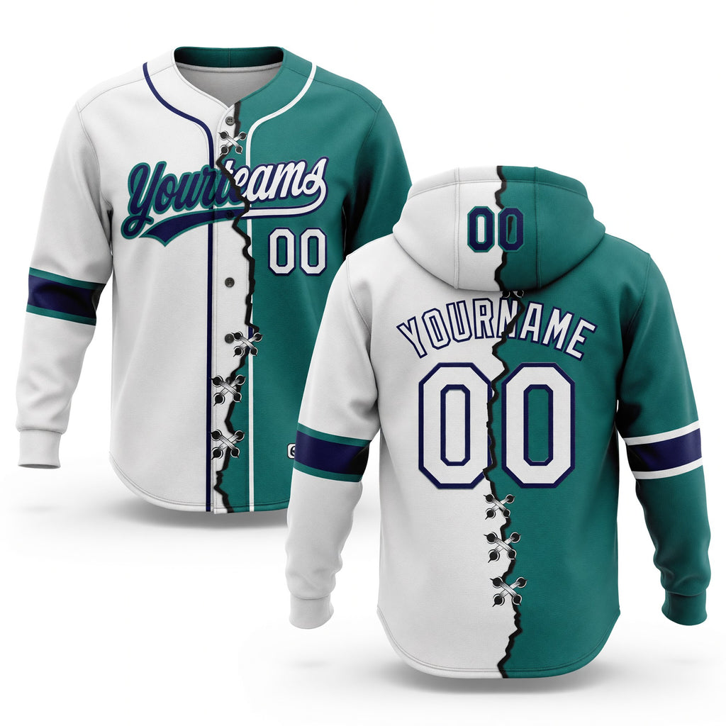 Custom Teal White-Navy Split Ripped Pattern Baseball Pullover Sweatshirt Hoodie