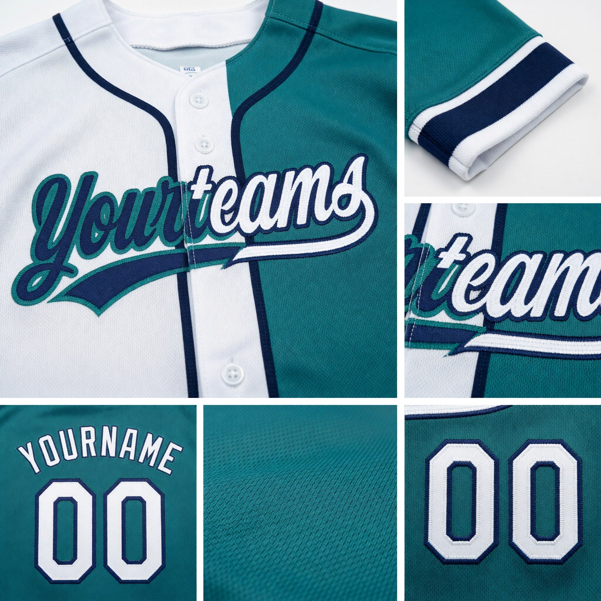 Custom Teal White-Navy Split Ripped Pattern Baseball Pullover Sweatshirt Hoodie detail