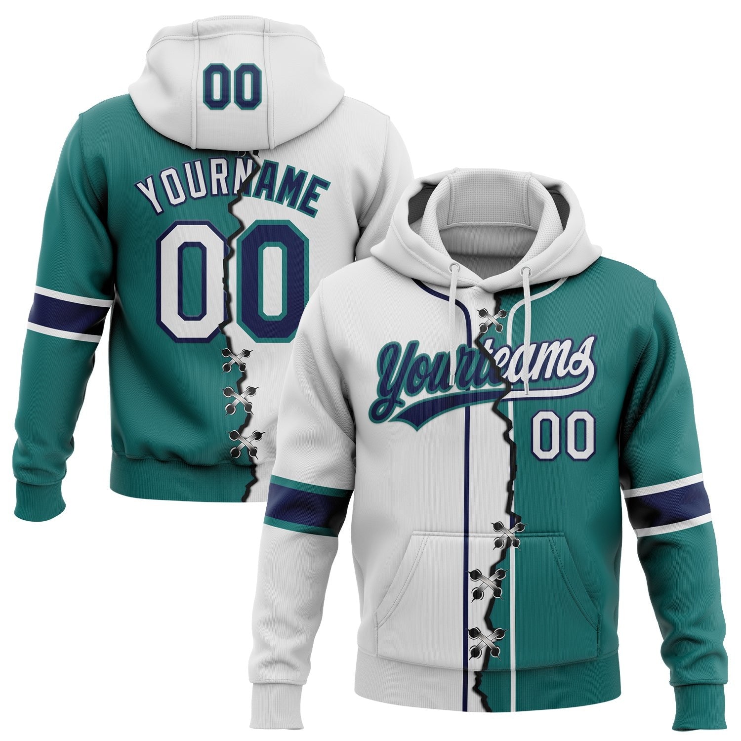 Custom Teal White-Navy Split Ripped Pattern Baseball Pullover Sweatshirt Hoodie photo 1