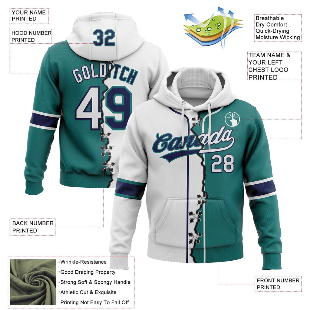 Custom Teal White-Navy Split Ripped Pattern Baseball Pullover Sweatshirt Hoodie photo 3