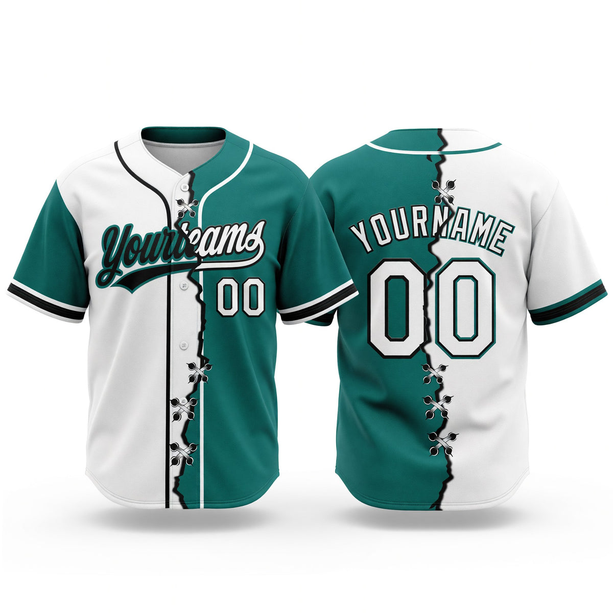 Custom Teal White-Black Split Ripped Pattern Baseball Pullover Sweatshirt Hoodie