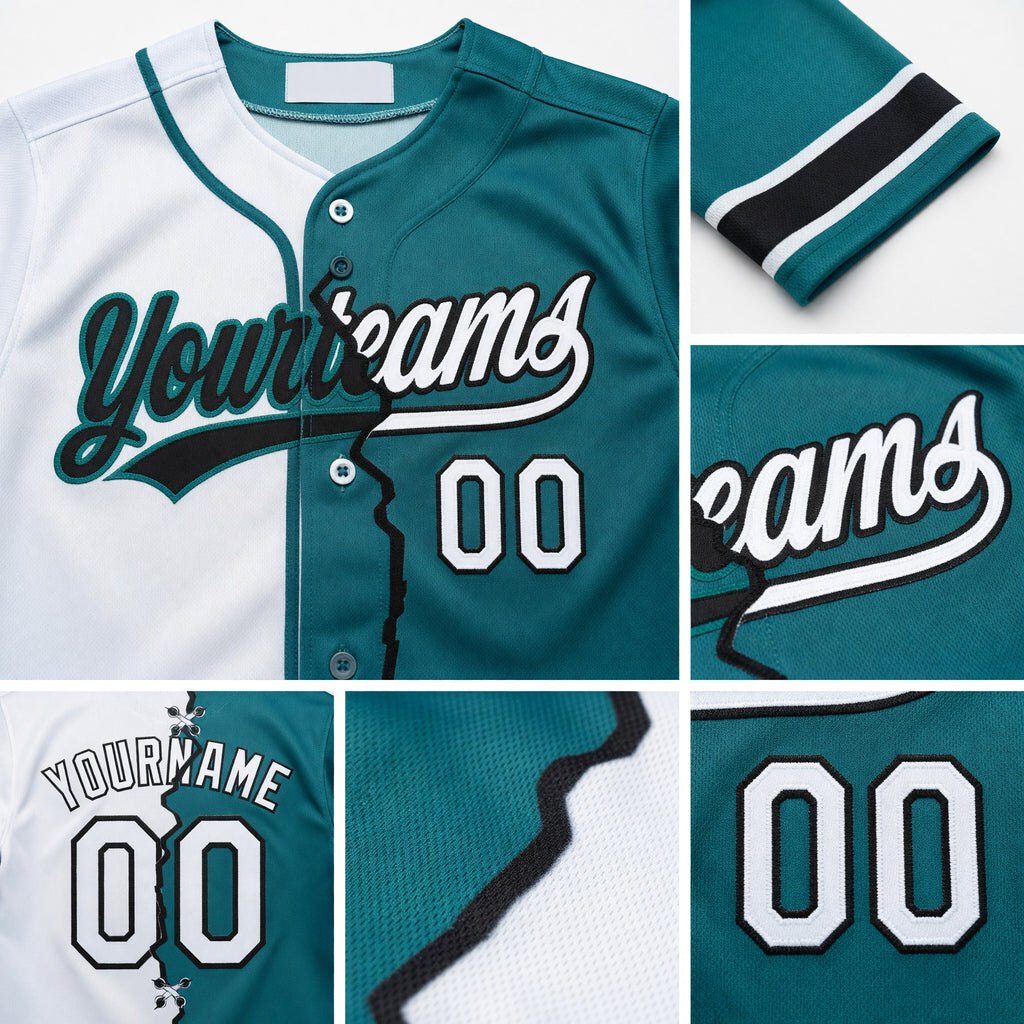 Custom Teal White-Black Split Ripped Pattern Baseball Pullover Sweatshirt Hoodie detail