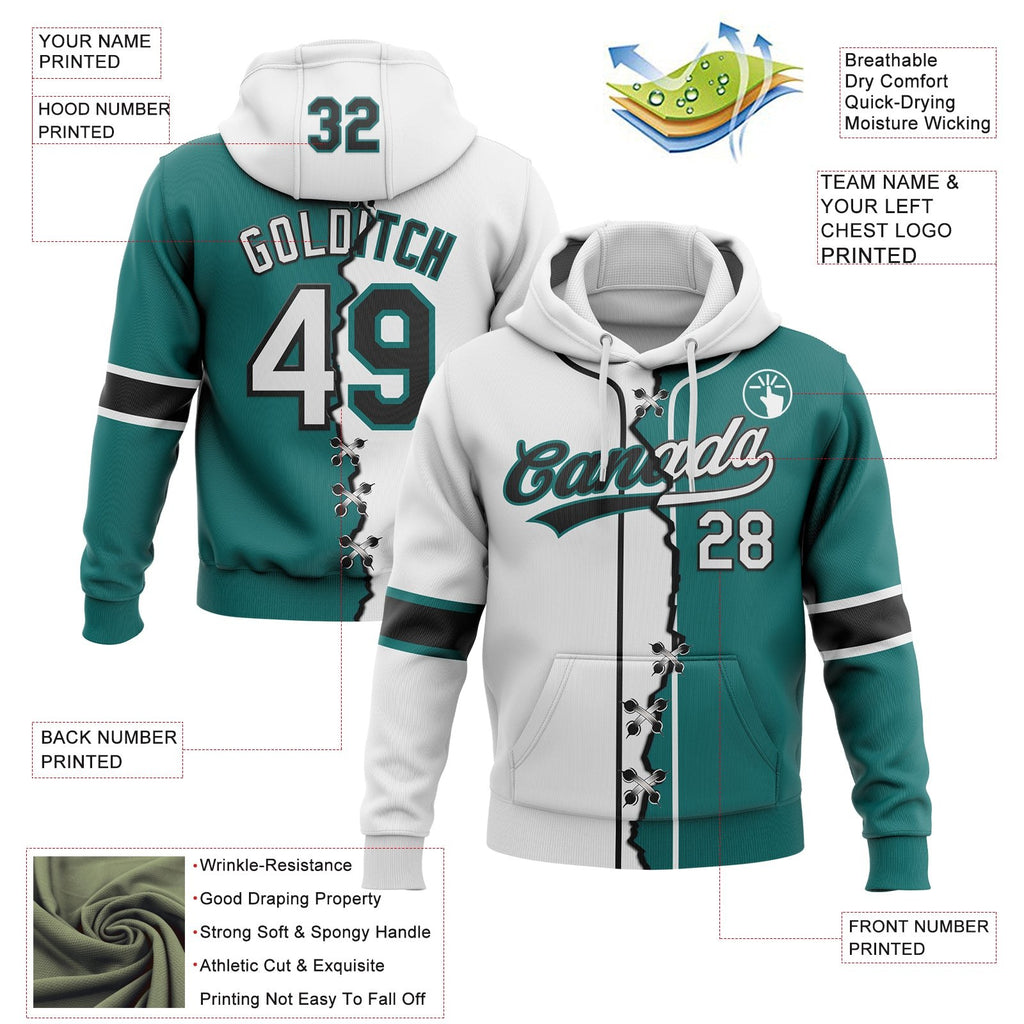 Custom Teal White-Black Split Ripped Pattern Baseball Pullover Sweatshirt Hoodie photo 3